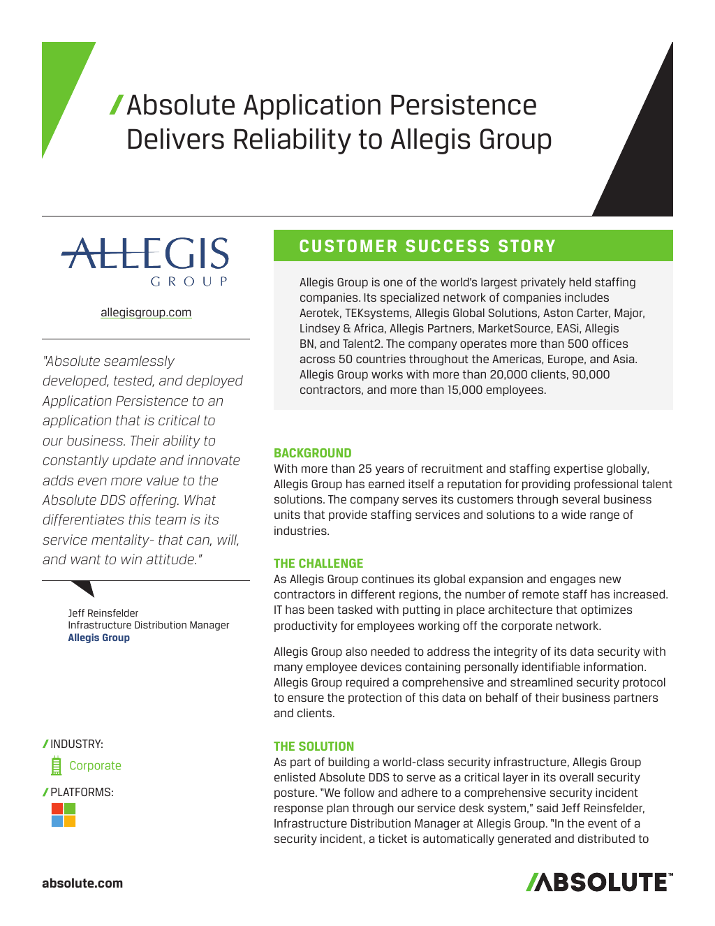 Absolute Application Persistence Delivers Reliability To Allegis Group