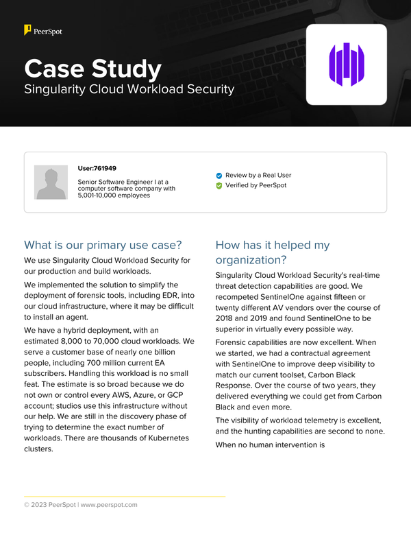 PeerSpot Case Study - SentinelOne Singularity Cloud Workload Security