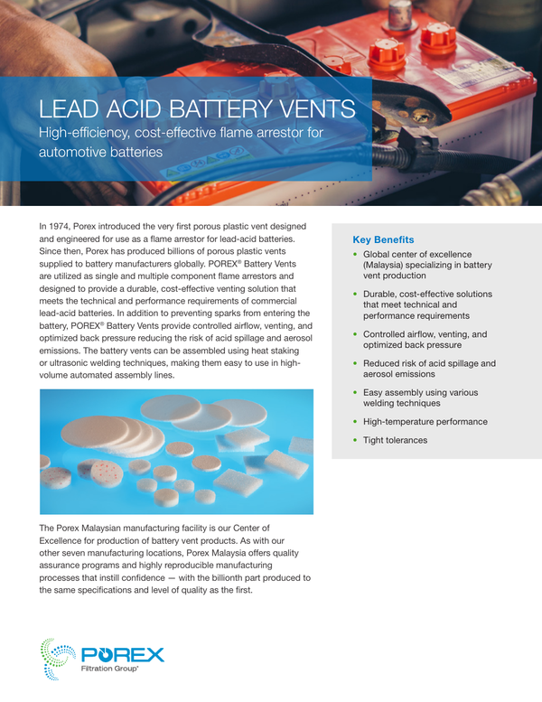 Porex Lead Acid Battery Vents Brochure