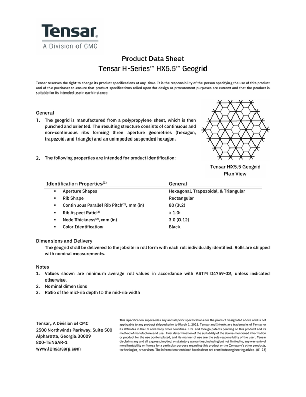 Tensar H-Series HX5.5™ Geogrid Product Data Sheet