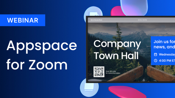 Thumbnail showing Appspace digital signage content displayed on a Zoom Room meeting screen with speakers Dr. Lance Ford and David Fleck.