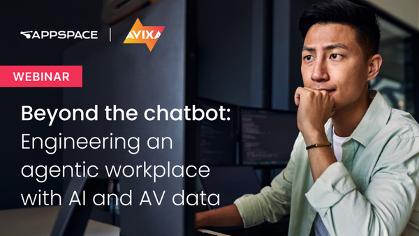 Webinar thumbnail for 'Beyond the Chatbot' featuring a digital overlay of Agentic AI nodes connecting AV hardware and smart building sensors in a modern office.