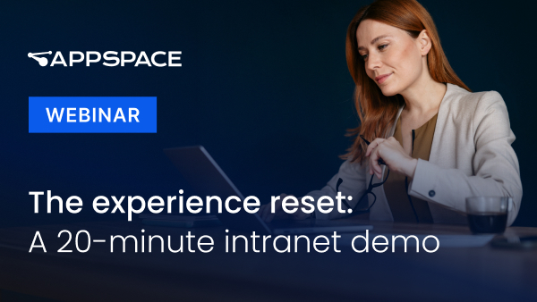 Webinar thumbnail for Appspace featuring a woman looking at a laptop. Text reads: 