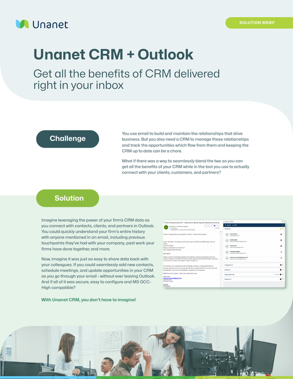 Unanet CRM + Outlook:
Get all the benefits of CRM delivered right in your inbox