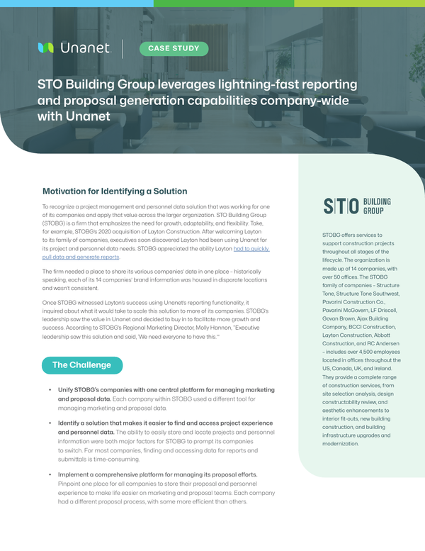 STO Building Group leverages lightning-fast reporting and proposal generation capabilities company-wide with Unanet