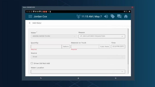 Deliveries app showing real-time ready mix delivery ticket documentation