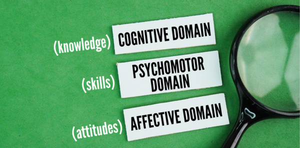 A magnifying glass with the words cognitive domain or knowledge, psychomotor domain or skills and affective domain or attitudes