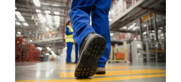 Close up of a worker's safety boot walking in a factory.
