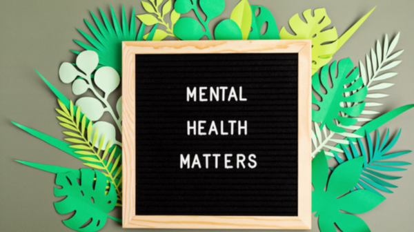 Image of a chalk board with mental health matters with green paper leaves behind