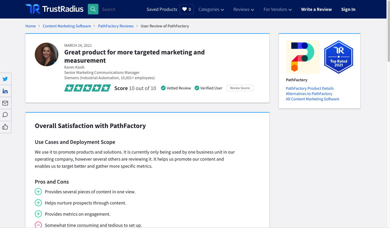 Read a PathFactory review from a Siemens marketer on TrustRadius